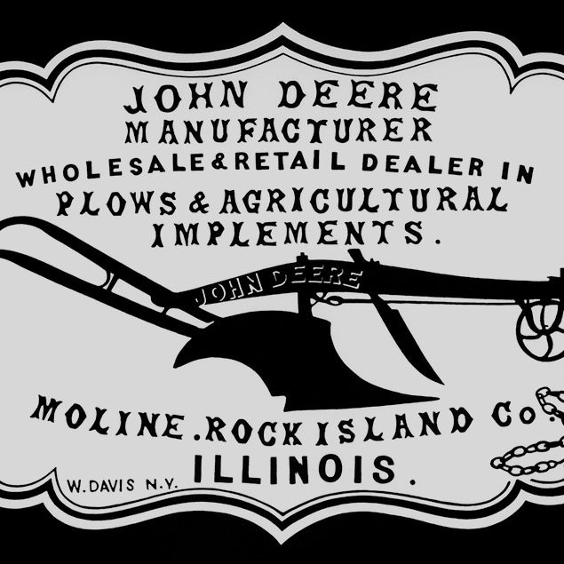 1855. aastast pärit edasimüüja reklaam „John Deere’i tootja, atrade ja põllumajandusseadmete hulgi- ja jaemüüja. Moline, Rock Island Co. Illinois“