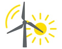 Tuulegeneraatori ikoon kollase tuule ja päikese sümboliga