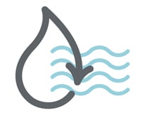 Taaskasutusele ja jätkusuutlikkusele viitav ikoon halli veetilgakujulise noolega ja suuremat veekogu tähistavate lainetega